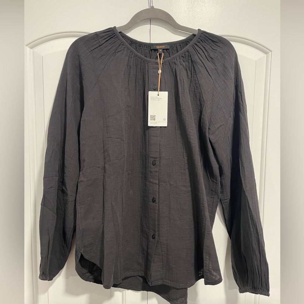 Quince 100% Organic Cotton Gauze Peasant Blouse. Color black - Picture 6 of 10